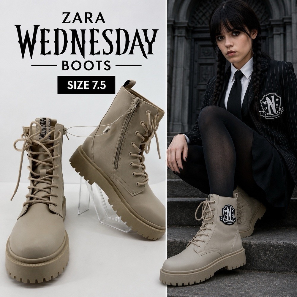 ZARA Wednesday Adams Combat Boots Beige Lug Sole Goth Academia Platform 7.5 US